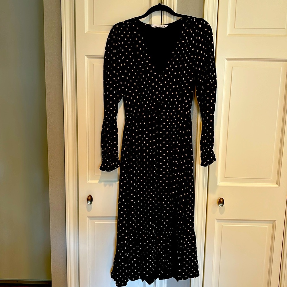 Zara black/cream polka dot long sleeve dress